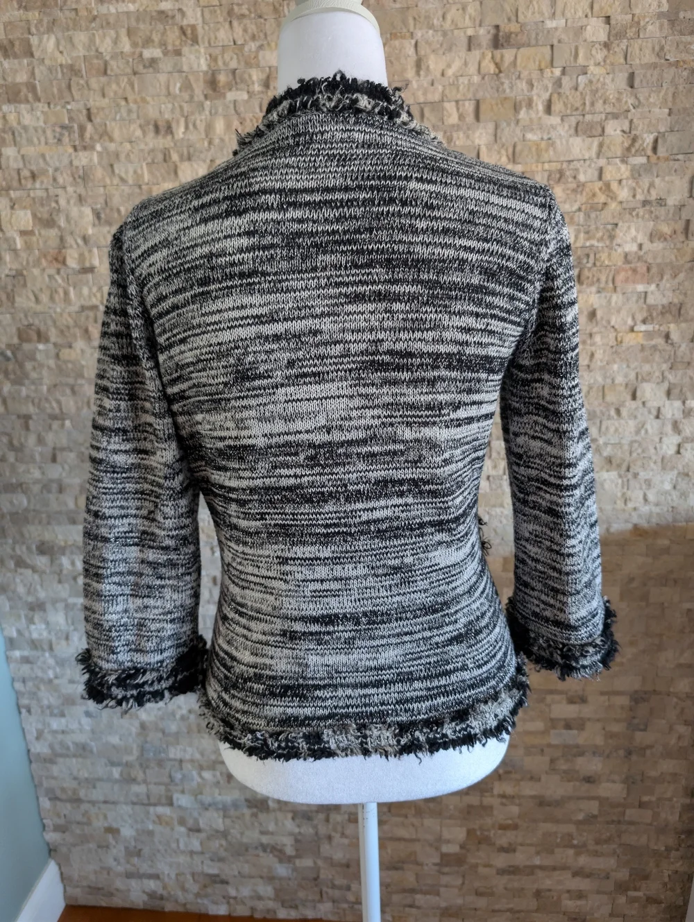 Tweed Knit Cardigan Jacket Black Cream Frayed Trim Chanel Style Sz Small Classic
